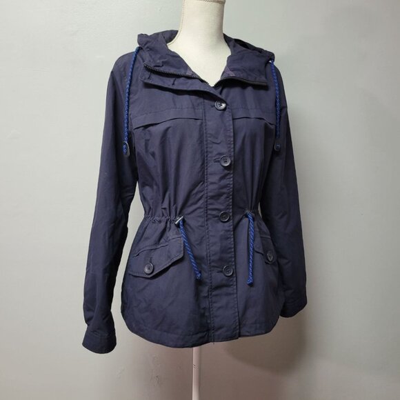 J Crew Nylon Jacket Windbreaker Blue Hooded Womens Small Spring Fall Layers - Picture 1 of 12